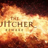 Płomienie otaczają napis "The Witcher Remake". Zapowiada to gorącą przygodę w odświeżonej wersji gry Wiedźmin 1.