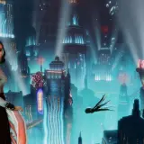 Elizabeth wpatruje się w neonowe miasto, które mogłoby być tłem dla **Bioshock 4**. W oddali widać latającą ośmiornicę.