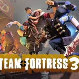 Dynamiczna scena z gry **Team Fortress 3**, gdzie postacie walczą w chaotycznym starciu, z wybuchami i laserami.