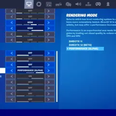 Ustawienia graficzne Fortnite: tryb renderowania DirectX 12 (Beta) Performance (Alpha) dla lepszej wydajności. Sprawdź Fortnite wymagania.