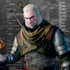 Geralt z Rivii, otoczony kodem gry Wiedźmin 3, trzyma sakiewkę złota.