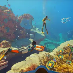 Podwodna eksploracja w stylu Subnautica 3. Nurkowie badają koralowce i napotykają dziwne stworzenia.