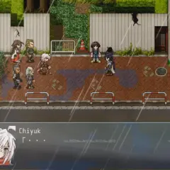 Postacie z gry jrpg stoją na mokrej ulicy w deszczu. W dolnej części ekranu widać portret postaci o imieniu Chiyuk.