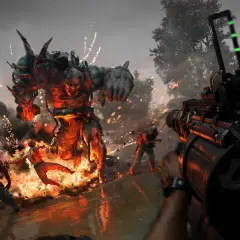 Gracz celuje z broni w potężnego potwora w płomieniach, walcząc z zombie. To scena z gry Dying Light The Beast, gdzie wymagania sprzętowe są kluczowe.