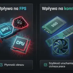 Karta graficzna i procesor wpływają na FPS w grach. Dysk SSD i RAM zapewniają komfort i szybkość.
