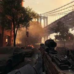 Wojna w mieście, płonące samochody i most w tle. To fragment kampanii Battlefield 6, gdzie gracz ma zabezpieczyć bazę.