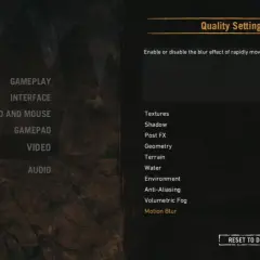 Ustawienia jakości grafiki w Far Cry Primal. Widoczne opcje to m.in. tekstury, cienie, geometria, woda, ruchomy blur.
