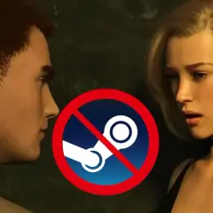 Para, która patrzy na siebie, z przekreślonym logo Steam. To gra bez litości, której nie znajdziesz na tej platformie.