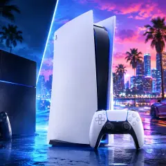 PlayStation 4 i 5 obok siebie, z neonowym miastem w tle. Czy GTA 6 będzie na PS4?