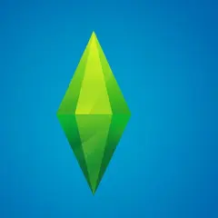 Zielony, geometryczny symbol na niebieskim tle. To logo The Sims 4, idealne do wyszukiwania kodów do gry.