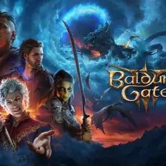 Postacie z Baldur's Gate 3 na tle dramatycznego nieba z smokami. Sprawdź, czy Twój sprzęt spełnia wymagania gry!