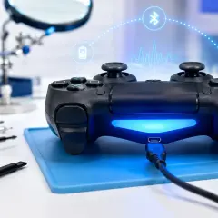 Jak podłączyć pada do PS4? Widok pada z podłączonym kablem USB, w tle narzędzia i ikony Bluetooth, Wi-Fi, baterii.