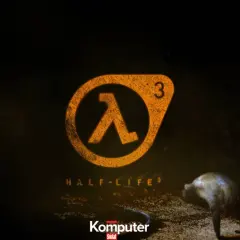 Pomarańczowe logo Half-Life 3 na ciemnym tle. W tle widać martwego Stridera.