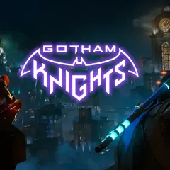 Rycerze Gotham czuwają nad miastem. Dwóch bohaterów na dachu, w tle neonowy napis "Gotham Knights" i mroczna panorama miasta.
