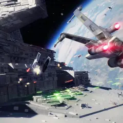 Intensywna bitwa kosmiczna w stylu Star Wars Battlefront 3. X-wing i myśliwce TIE walczą wokół ogromnego statku kosmicznego na tle planety.