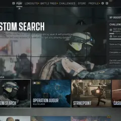 Główny ekran gry z opcją "Custom Search" do wyszukiwania rozgrywek multiplayer. Widoczne wyzwania i tryby gry.