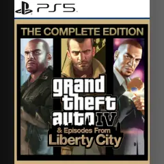 Okładka gry Grand Theft Auto IV: The Complete Edition na PS5. Trzech bohaterów, Niko, Johnny i Luis, patrzy wprost na gracza.