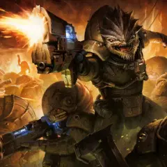 Potężna istota strzela z karabinu, otoczona przez żołnierzy w zbrojach. Zapowiada to epicką walkę w Mass Effect 5.