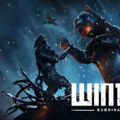 Zimowy niedźwiedź i wojownik walczą w śnieżycy. Grafika promuje grę "Winter Survival" od Drago Entertainment.