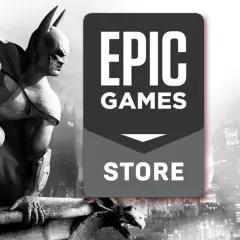 Batman na dachu, obok logo Epic Games Store. Sprawdź, jakie **epic games darmowe gry** czekają na Ciebie!