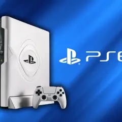 Biała konsola i kontroler PlayStation 6 na niebieskim tle. Marzenie gracza o przyszłości.