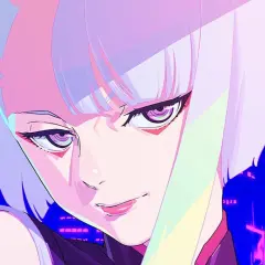 Lucy z Cyberpunk: Edgerunners z fioletowymi oczami i różowymi włosami na tle neonowego miasta.
