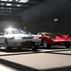 Biały Nissan i czerwony Lamborghini ścigają się w Gran Turismo 8.
