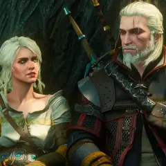 Geralt i Ciri, bohaterowie kultowego rpg, siedzą obok siebie w lesie.