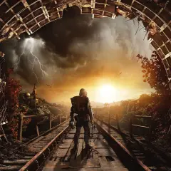 Postapokaliptyczny krajobraz z postacią na torach, burza i wschód słońca. Sprawdź metro exodus wymagania.