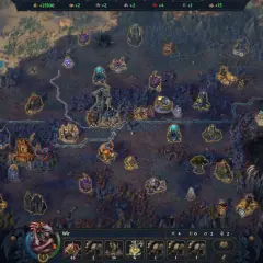 Mapa strategiczna w grze heroes gra, pełna zamków, osad i magicznych budowli. Gracze zarządzają zasobami i armiami.