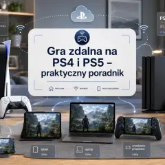 Konsola PS5 i PS4, kontrolery, laptop, tablet i smartfon pokazują możliwości gry zdalnej.