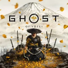 Samuraj w tradycyjnym stroju, otoczony mieczami, na tle gór i spadających liści. Zapowiedź Ghost of Tsushima 2.