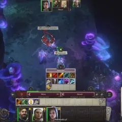 Gra RPG w jaskini, gdzie potwór typu spawn, Monitor Lizard, atakuje postacie.