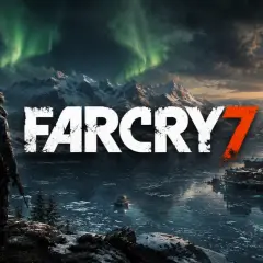Postać z bronią patrzy na zorzę polarną nad zamarzniętym jeziorem i ośnieżonymi górami. Napis "FAR CRY 7" dominuje w centrum.