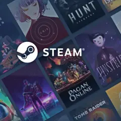 Logo Steam i kolaż okładek gier komputerowych.