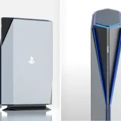 Futurystyczna konsola PlayStation 7 w białej obudowie z niebieskimi akcentami i kontrolerem.