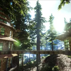 Wysokie, wielopoziomowe budowle w lesie, połączone kładką. Idealne dla graczy spełniających ark survival evolved wymagania.