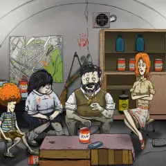Rodzina w schronie, otoczona zapasami i mapą, przygotowuje się na trudne czasy. Klimat przypomina gry indie o przetrwaniu.