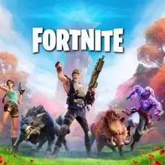 Postać z gry Fortnite, która odpowiada na pytanie, ile waży Fortnite, stoi obok wilka i dzika.