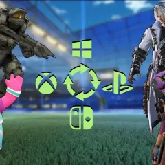 Postacie z gier, ikony konsol i symbol crossplay. Mistrz, Fall Guy, postacie z Final Fantasy i Apex Legends.