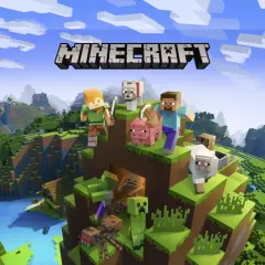 Steve, Alex, zwierzęta i potwory na tle kanciastych gór i rzeki. Pod nimi solidny **bedrock**.