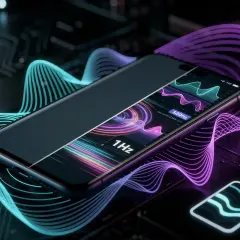 Nowy smartfon z ekranem 120Hz, otoczony falami energii. Wskaźnik baterii pokazuje szybkie ładowanie.