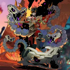 Zagreusz z Hadesa walczy z kamiennymi wężami, obok postaci z Dead Cells i League of Legends. To kolaż z gier typu roguelike.