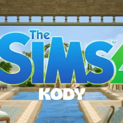 The Sims 4 z napisami "Kody". W tle basen i wypoczywające Simki.