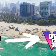 Plaża w Vice City, z tłumem ludzi i budynkami w tle, przechodzi w logo Grand Theft Auto VI.