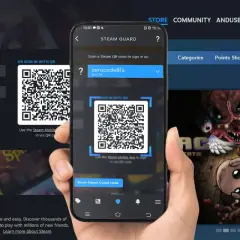 Dłoń trzyma smartfon z kodem QR Steam Guard obok okna logowania Steam.