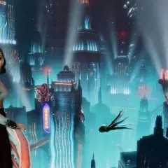 Elizabeth wpatruje się w neonowe miasto, które mogłoby być tłem dla **Bioshock 4**. W oddali widać latającą ośmiornicę.