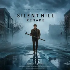 Mroczna ulica w Silent Hill, zniszczone budynki, wrak samochodu i mężczyzna z rurą. Zapowiedź Silent Hill 1 remake na PS5.