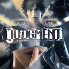 Twarz mężczyzny, jego oczy i palec na ustach sugerują tajemnicę i **judgement**. Logo gry "Judgment" w centrum.