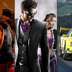 Trzy sceny z gier: płonący wojownik, para w stylu Saints Row i żółty samochód wyścigowy. Idealne gry na PS5 dla dwojga.